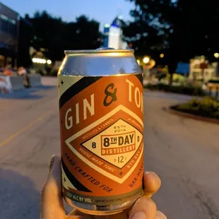 a hand holding a can of gin and tonic