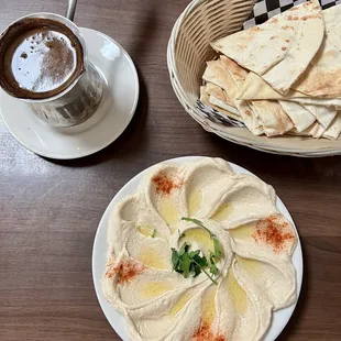 Hummus, pita bread, and Turkish coffee