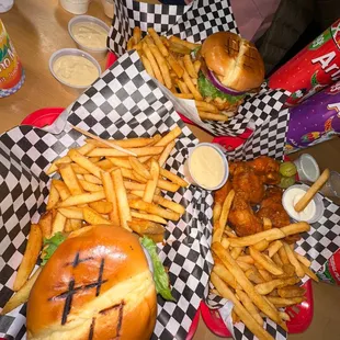 Buffalo wings, fries, chicken burger, amazing sauces