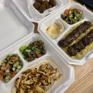 Chicken Shawarma over Hummus + Lamb Kabab over Rice + 6 Piece Falafel