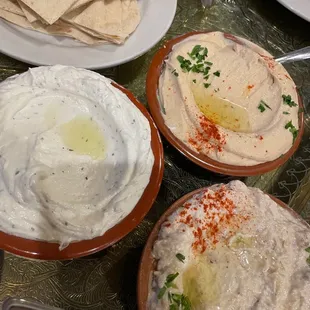 Hummus, Lebneh,  Baba Ghanouj