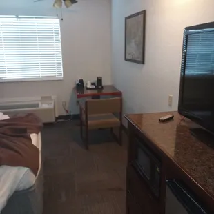 Blinds, no window coverings, crusty carpet with stains,  old TV, bad reception  No safe, no closet, clothes hanger in main room on wall