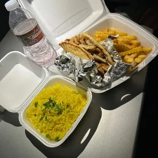 Chicken Gyro, fresh fries and Side of Basmati Rice