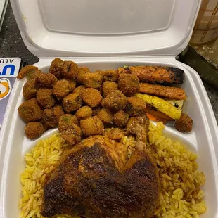 Fried okra, grilled veggies, saffron rice, baked chicken