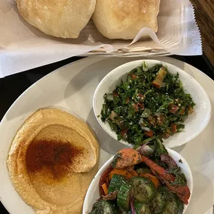 Lebanese Salad, Tabuli Salad, Spicy Hommus, Pita