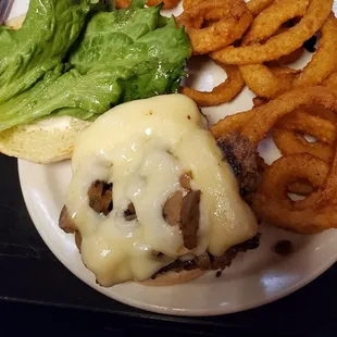 Mushroom Swiss Burger with a side of Onion Rings