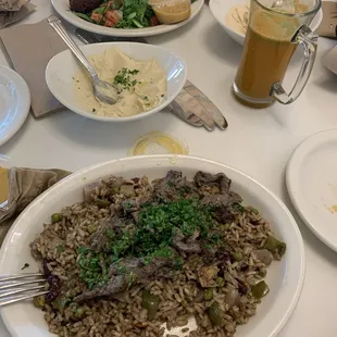 Beef shawarma, beef kafta, and hummus