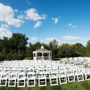 The gazebo set for an outdoor wedding
