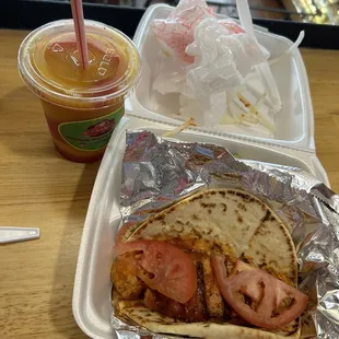 Chicken Kabob Sandwich with strawberry mango smoothie