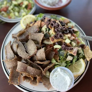 Fattoush salad with gyro - so good! (Fattoush has fried pita bread. Tastes like pita chips)