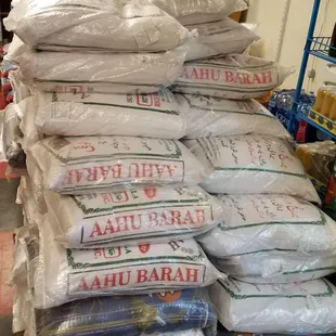 a stack of bags of halal