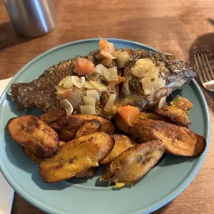 Fried Whole Tilapia Fish and Fried Plantain Bananas