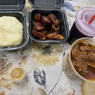 1. Egusi Soup, fufu, Fried Plantain Banana, Bissap(hibiscus drink)