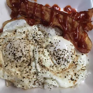 Sunshine plate (2 eggs, breakfast meat, white rice: $4 (after tax)