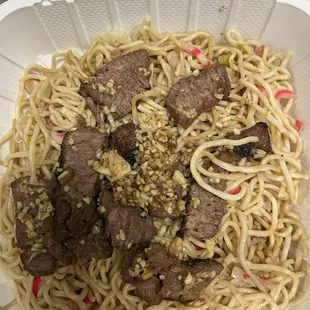 Lunch on my first day working in Downtown--fried saimin with garlic steak. So good...