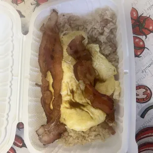 sunshine breakfast with bacon and fried rice