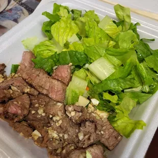 Regular Garlic Steak w/ All Tossed. $10-ish.  Pretty good for plate lunch steak.