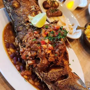 Smothered Whole Crispy Branzino