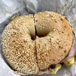 Egg and Ham on Sesame Bagel