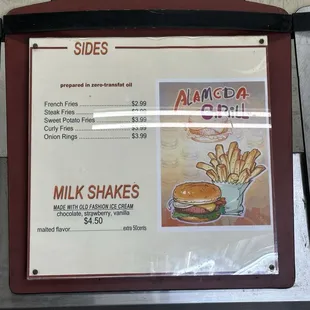 Menu as of August 2024. Sorry for the glare, Steak Fries are $2.99 and Curly Fries $3.99