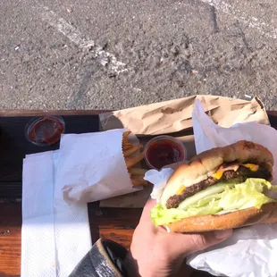 Bacon avocado cheeseburger, fries and Sunkist for lunch.