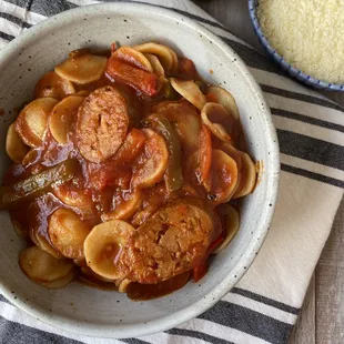 Italian sausage &amp; peppers over pasta