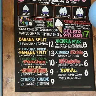 a menu for gelato and dessert