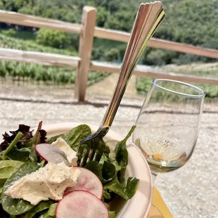 a plate of salad and a glass of wine