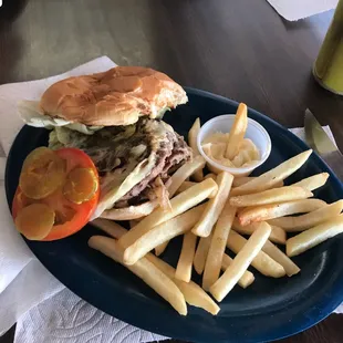 Mushroom Swiss burger basket (with fries) - I already ate half the fries. Delicious burger and fries fried perfectly!!