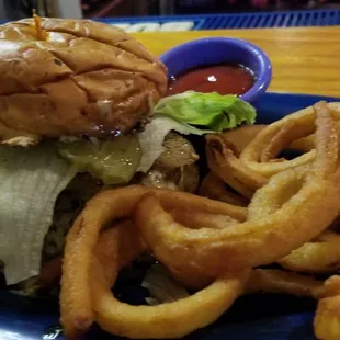 Jalapeno Burger, side of onion rings and a couple beers. Very tastey burger. Glad I stopped. Entire menu seems awesome.