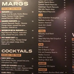 Cocktail and Spirits Menu