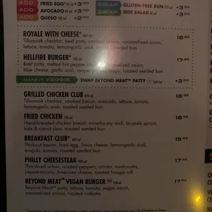 Sandwich and burger menu