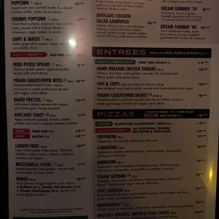 Appetizers, Entrees, and Pizza menu