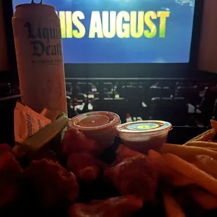 Liquid Death water and cauliflower bites