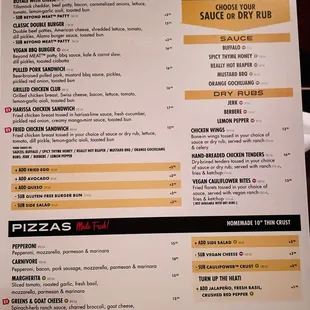 Menu 2/5/25: Sandwiches/Burgers, Pizzas, Wings/Bites/Tenders
