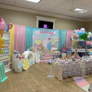 The back wall of the venue is great for a full photo backdrop/dessert area set up. Full decor by Luisa's Creations &amp; More