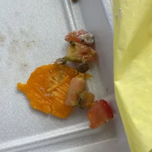 Random pieces of tomato and a huge chunk of cheese unmelted in Asada fries.