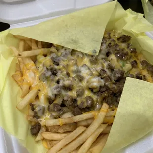 a cheeseburger and fries in a styrofoam container