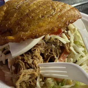 Patacon with shredded beef