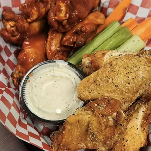 You can never go wrong with Lemon Pepper dry and Spicy Honey BBQ wings