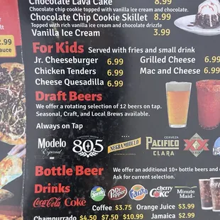 Desserts menu, kid's menu, drinks menu