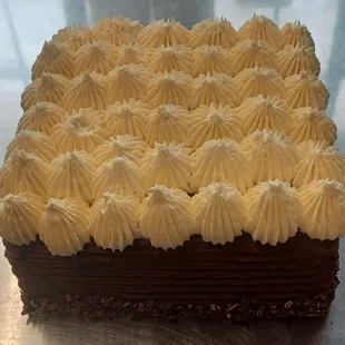 Layers of our gluten free devils food cake, our chocolate Alaska Silk, and Alaska Silk vanilla mousse