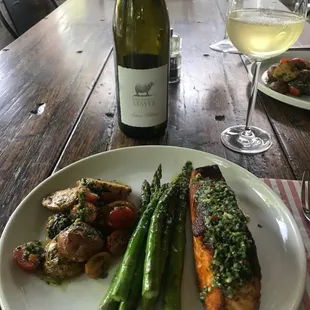 a plate of food and a glass of wine