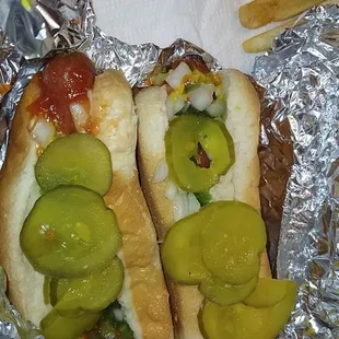 Two hot dogs with everything