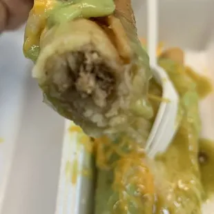 No meat, look how thin thats my index finger.  Picture on the menu looks about 5x this size.