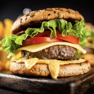 a hamburger and french fries