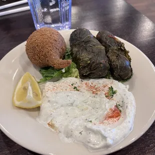 Kibbi and grape leaves delicious