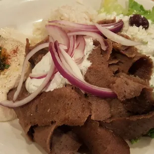 Gyro Plate - sliced gyro, rice, onion, salad, hummus and pita bread!