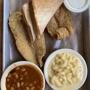 Catfish special with Baked Beans and Mac N' Cheese