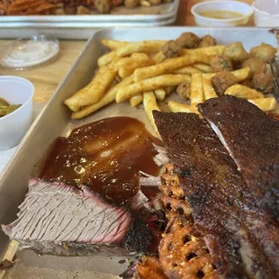 Sliced Brisket Tulsa Style Ribs French Fries Sweet Potato Waffle Fries